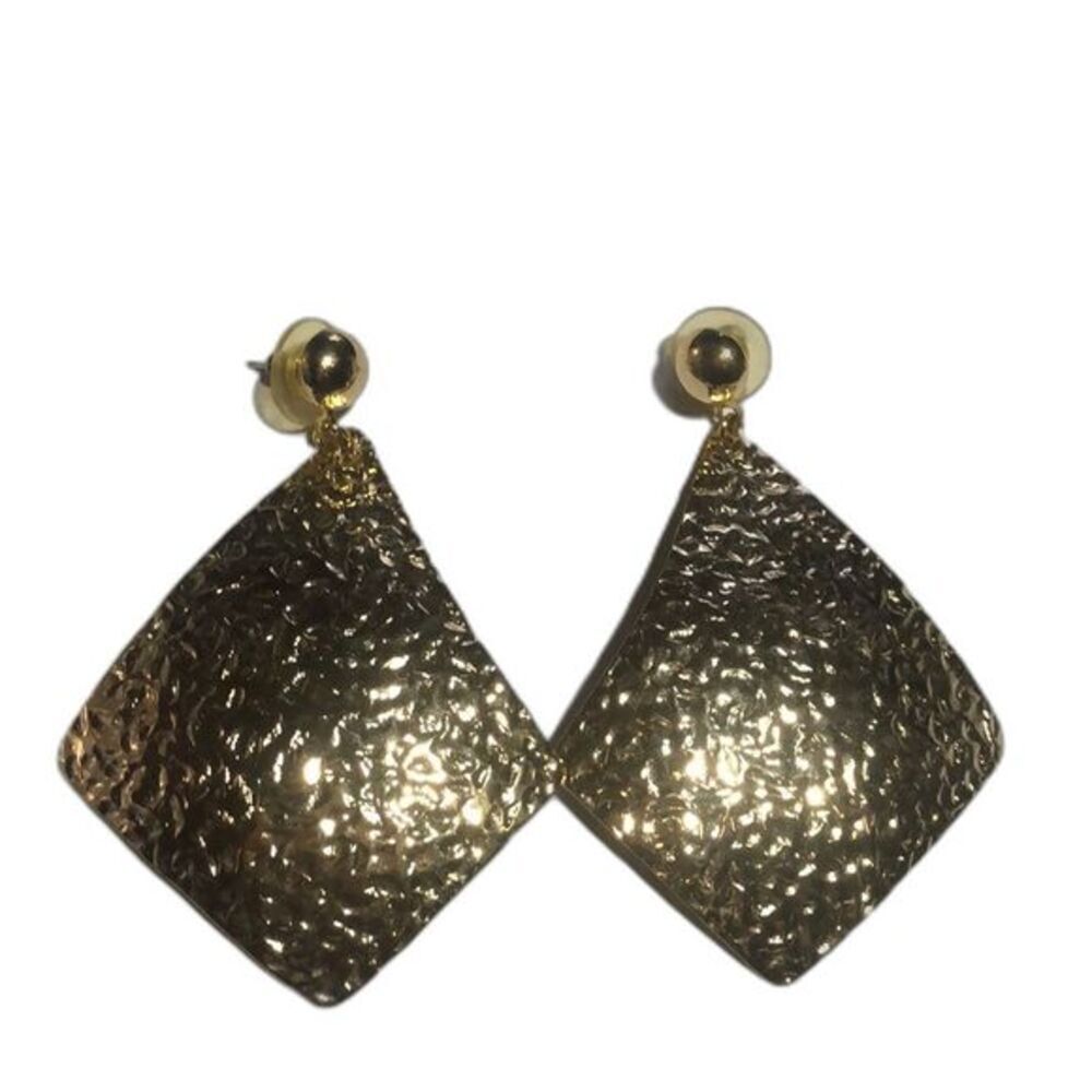 VTG 80s Gold Hammered Metal‎ Diamond Dangle Earrings Retro Statement
